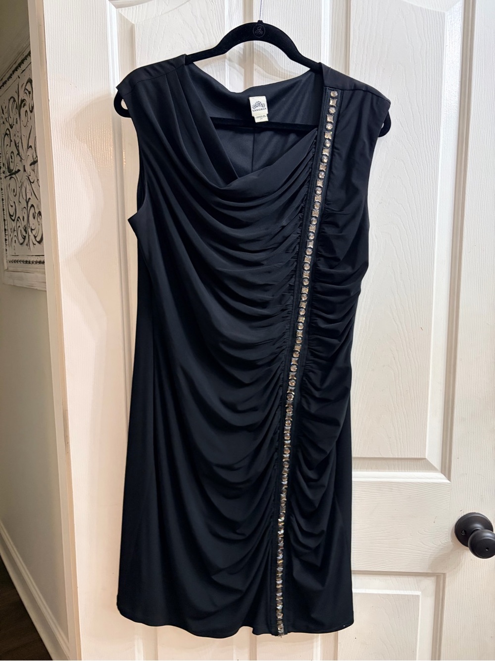 Signature by Sangria Black Sleeveless Draped Midi Dress with Rhinestone Trim